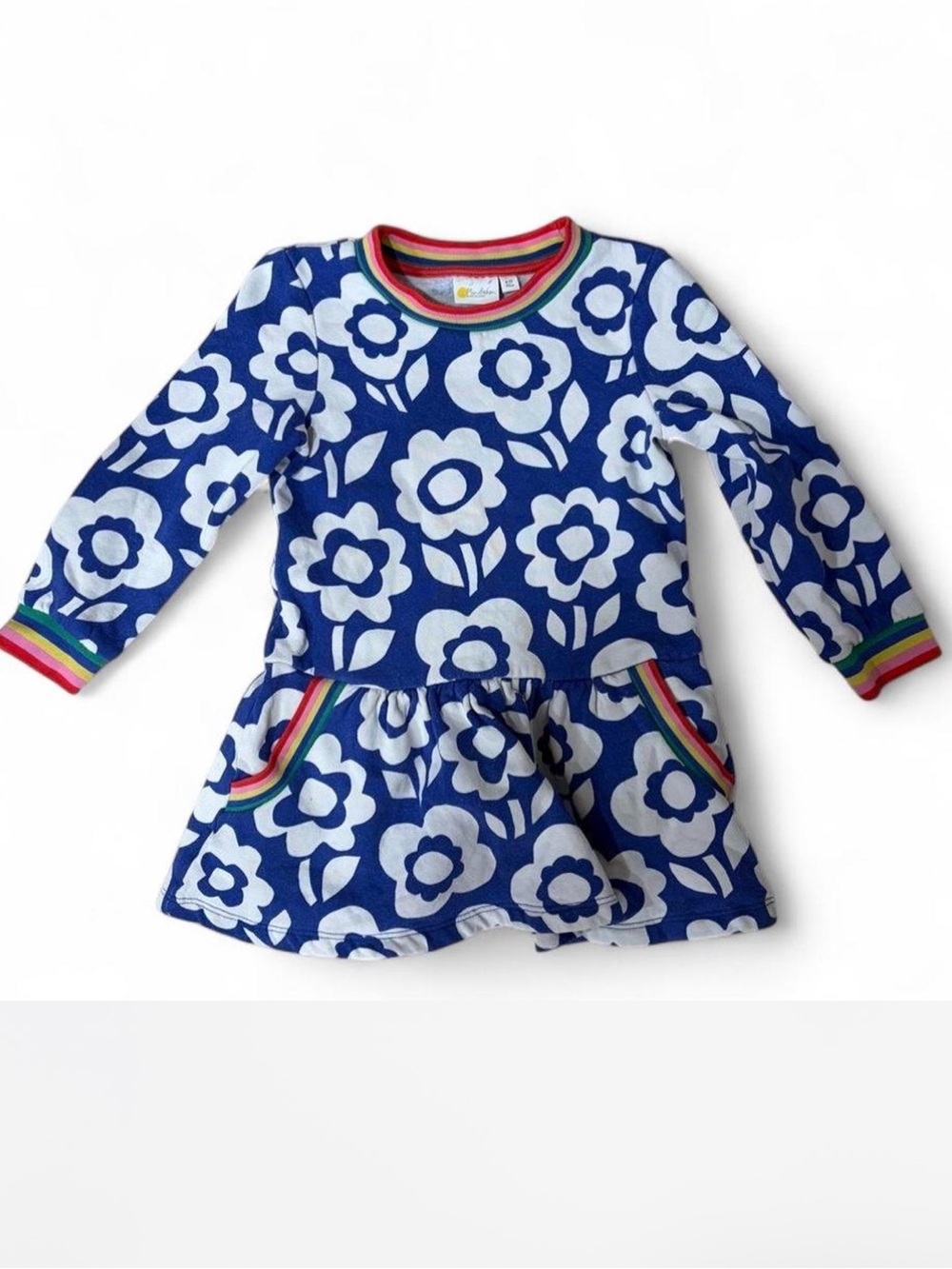 Mini Boden Girls Floral Sweatshirt Dress 4-5Y Blue Rainbow Trim Pockets